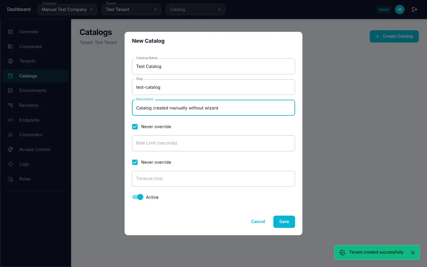 Catalog creation form filled