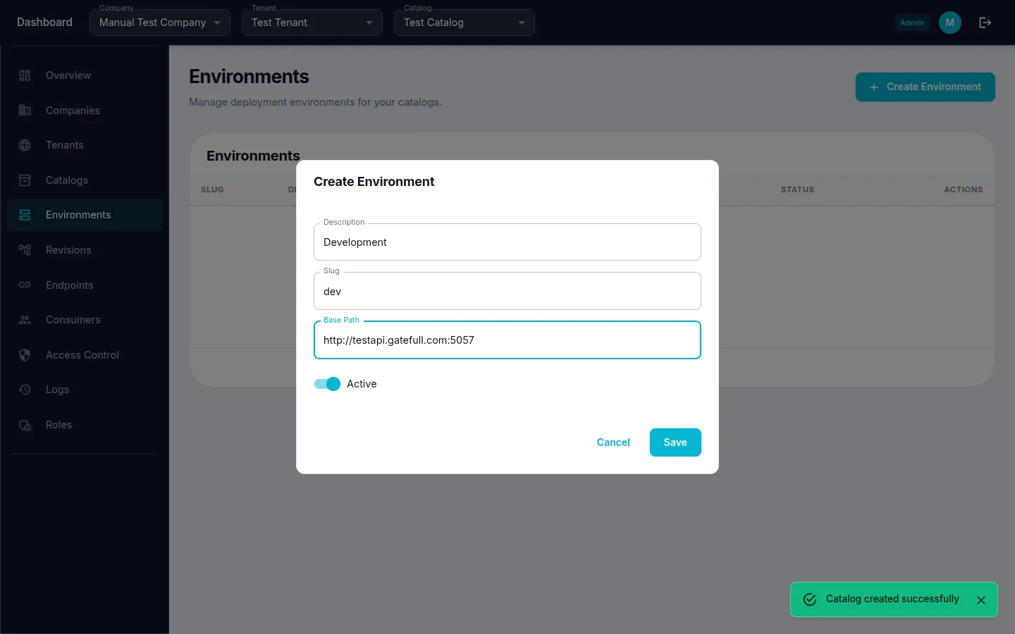 Environment creation form filled
