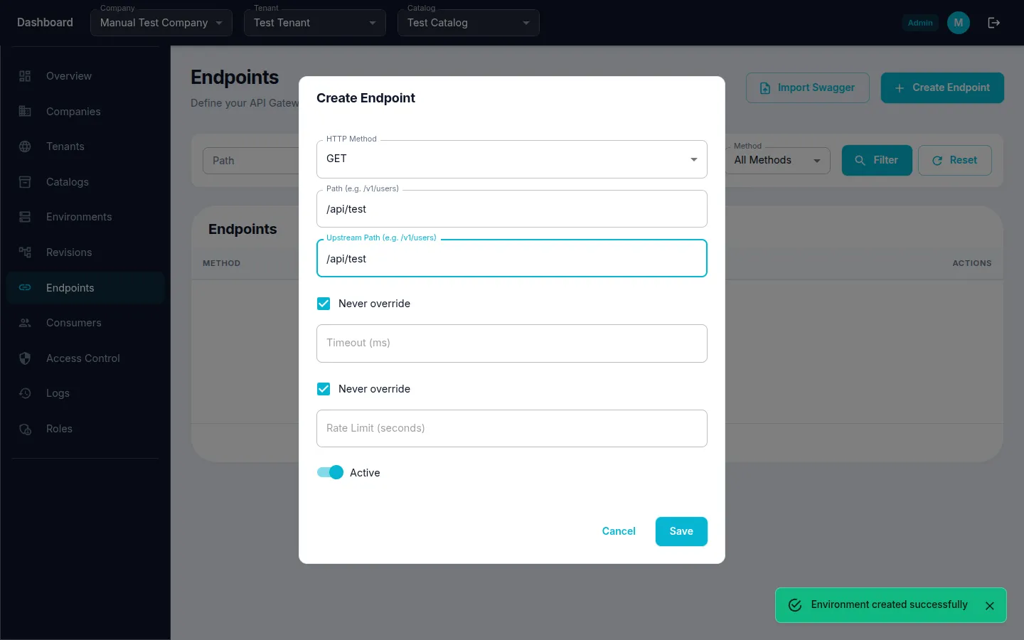 Endpoint creation form filled