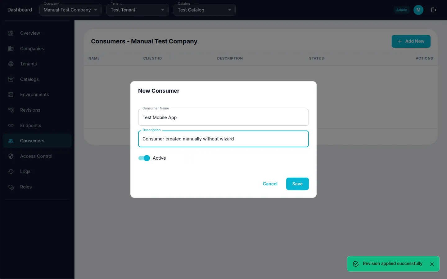 Consumer creation form filled