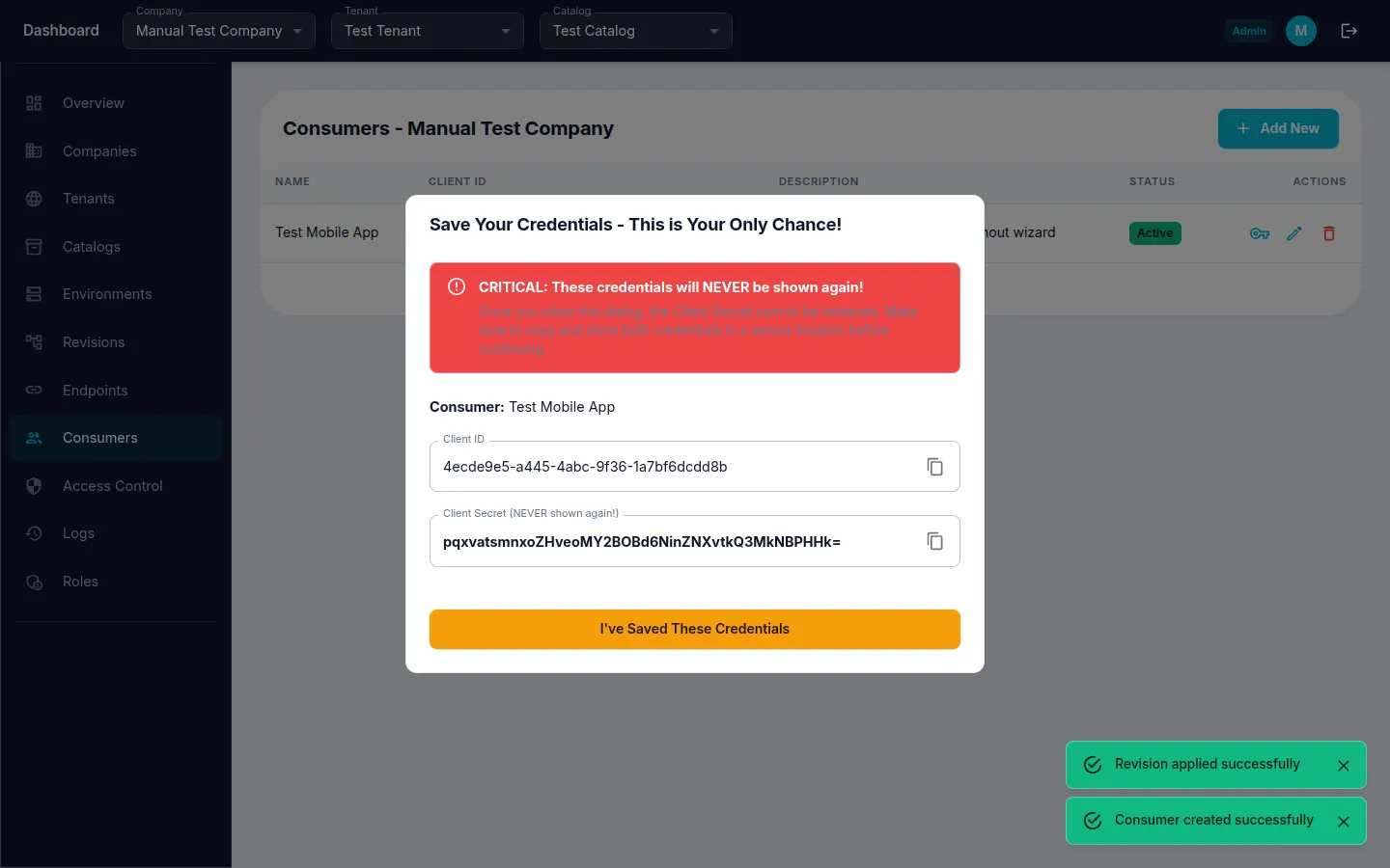 Consumer credentials dialog