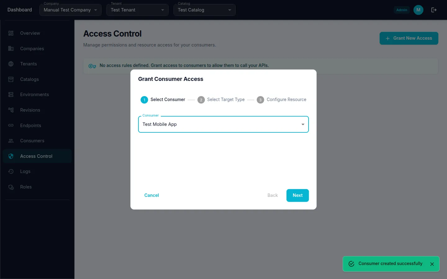 Consumer selected in access dialog